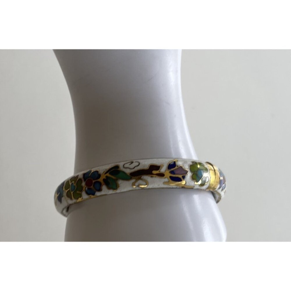 Vintage White Enamel Cloisonné Floral Blue Multi Color Hinged  Bangle Sz 7.5” - Picture 8 of 14